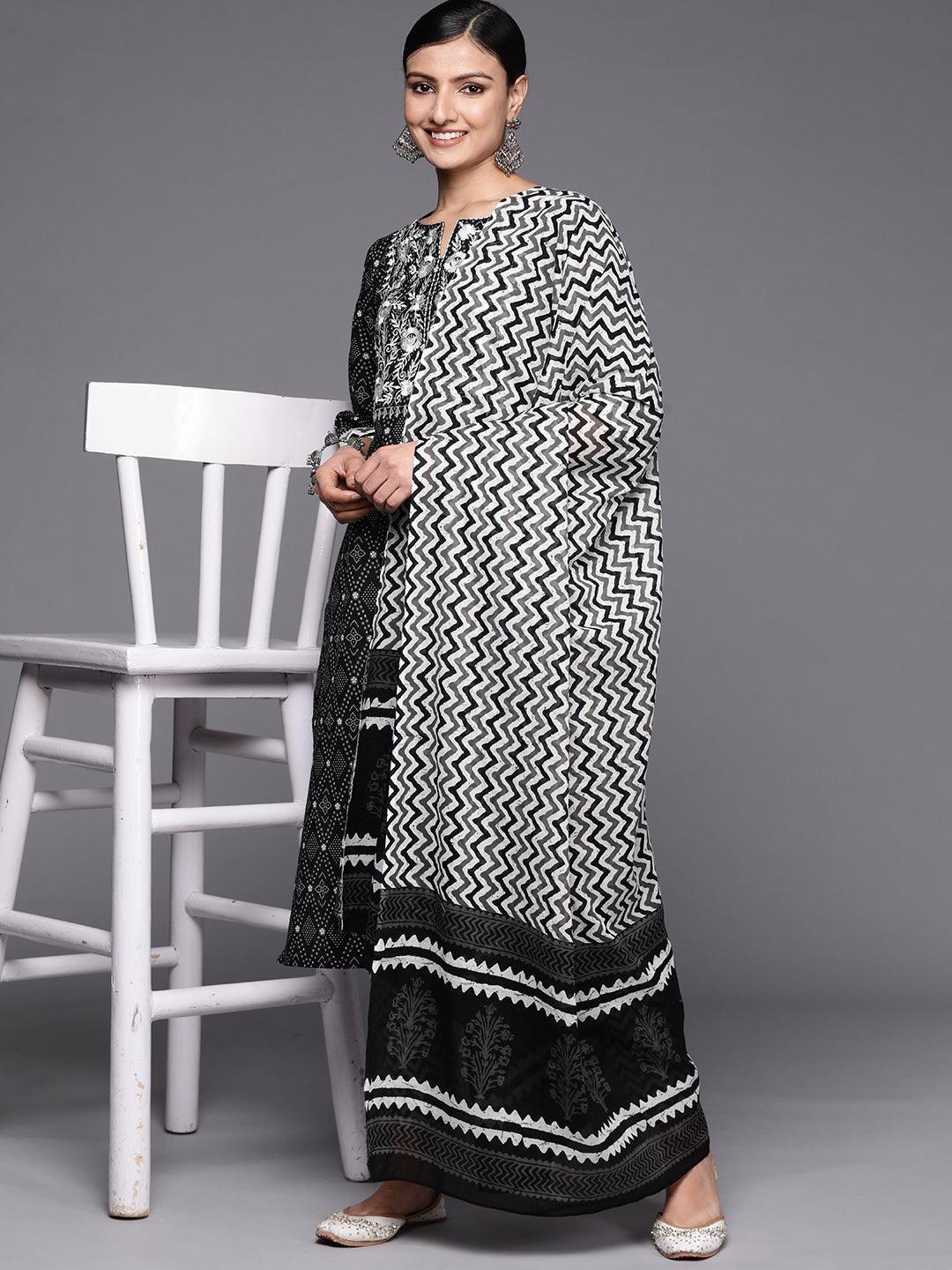 Black Printed Cotton Straight Suit Set With Trousers - ShopLibas 