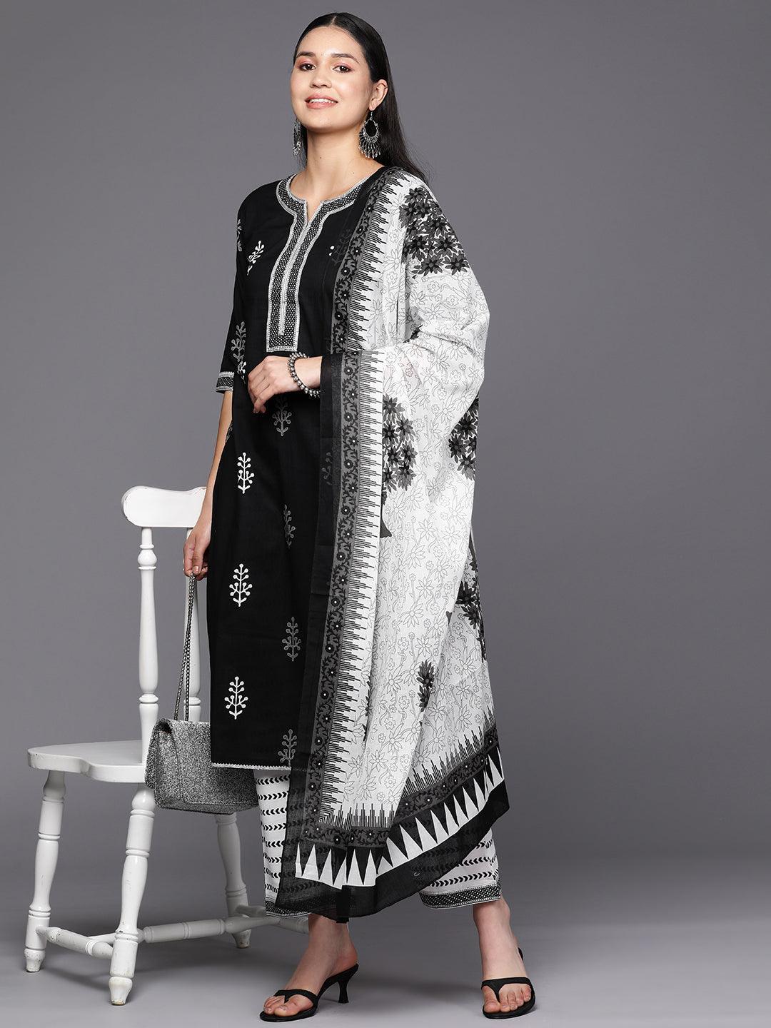 Black Printed Cotton Straight Suit Set With Trousers - ShopLibas 