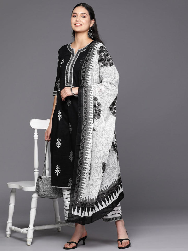Black Printed Cotton Straight Suit Set With Trousers