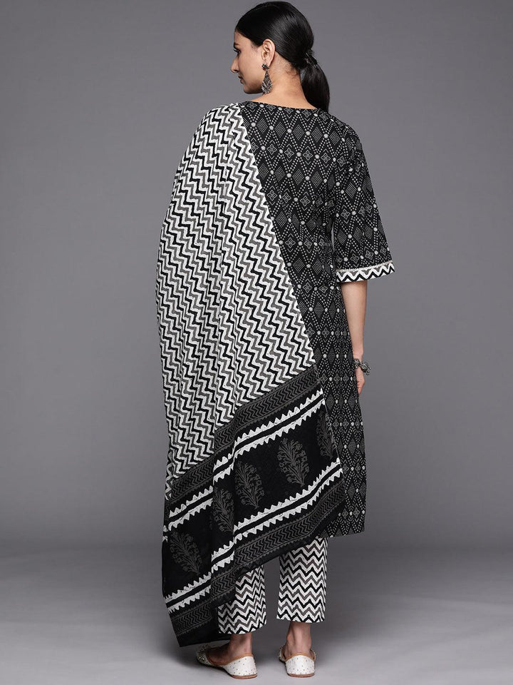 Black Printed Cotton Straight Suit Set With Trousers