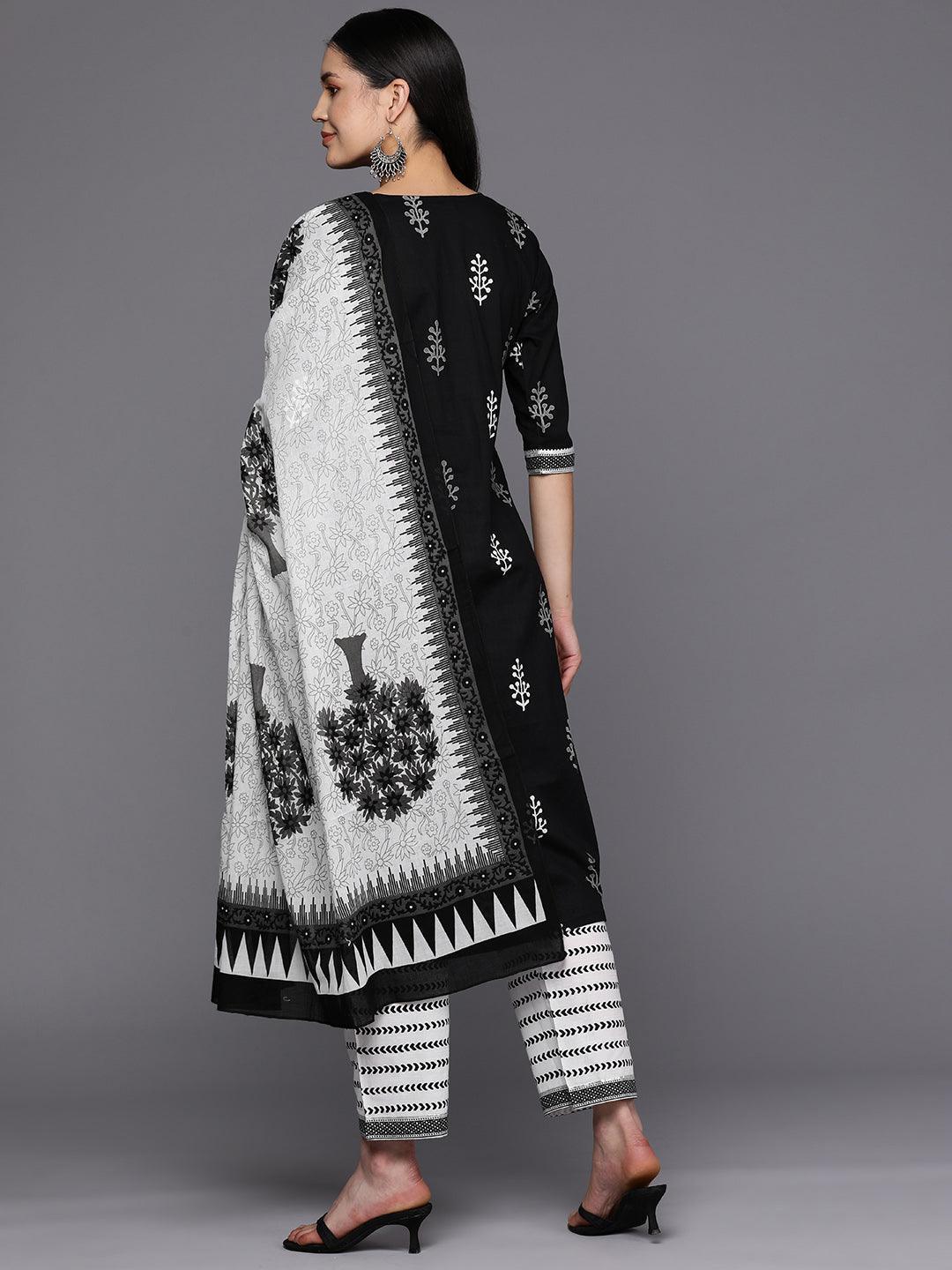 Black Printed Cotton Straight Suit Set With Trousers - ShopLibas 