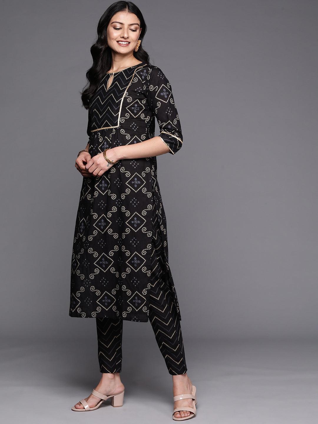 Black Printed Cotton Straight Kurta Set With Trousers - ShopLibas 