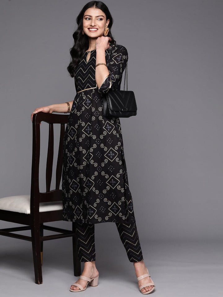 Black Printed Cotton Straight Kurta Set With Trousers
