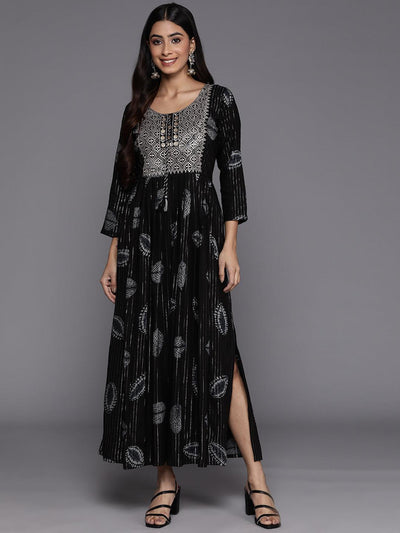 Black Printed Fit and Flare Rayon Dress - ShopLibas