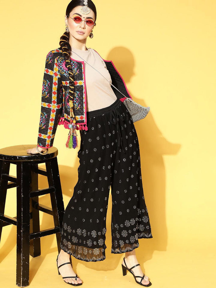 Black Printed Georgette Palazzos - ShopLibas