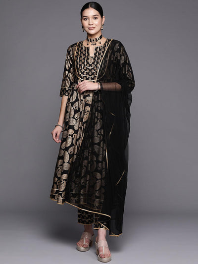 Black Printed Rayon Anarkali Suit Set With Trousers - ShopLibas