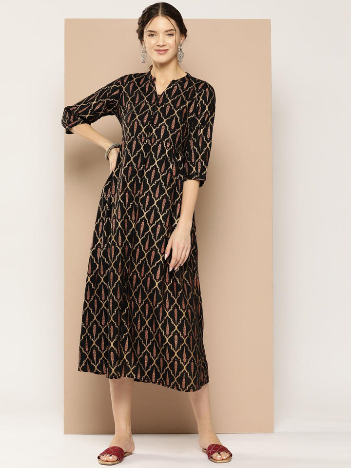Black Printed Rayon Fit and Flare Dress - ShopLibas