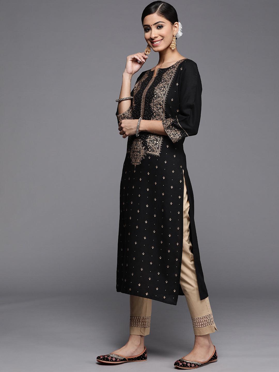 Black Printed Rayon Kurta - ShopLibas