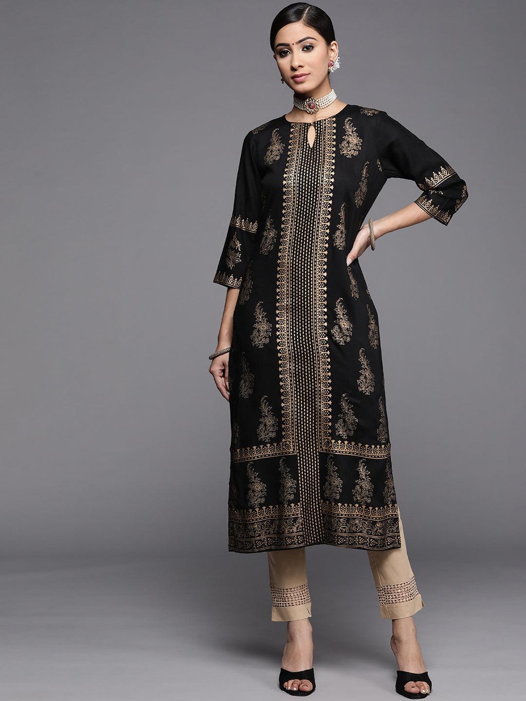 Black Printed Rayon Kurta - ShopLibas