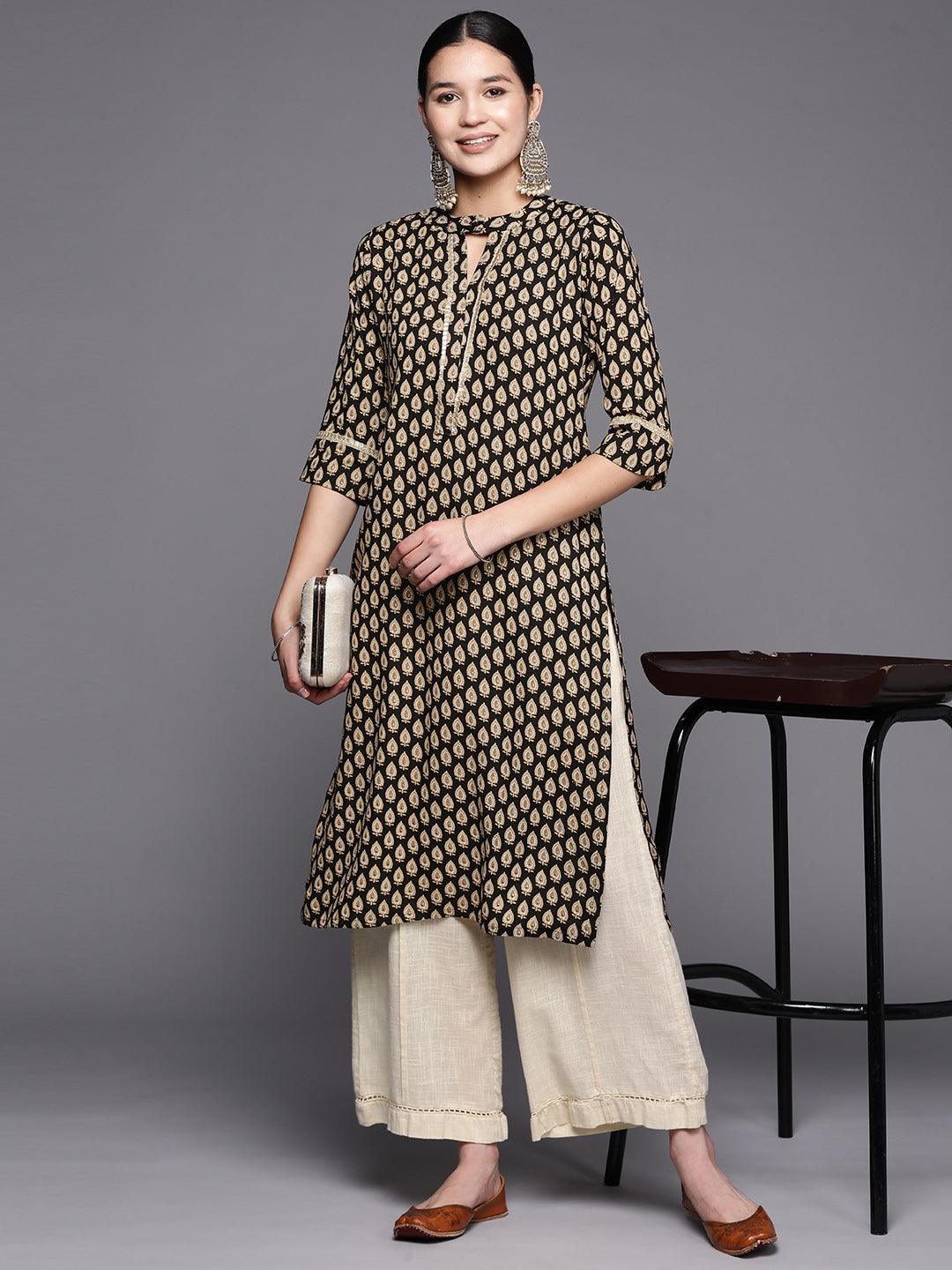 Black Printed Rayon Straight Kurta - ShopLibas