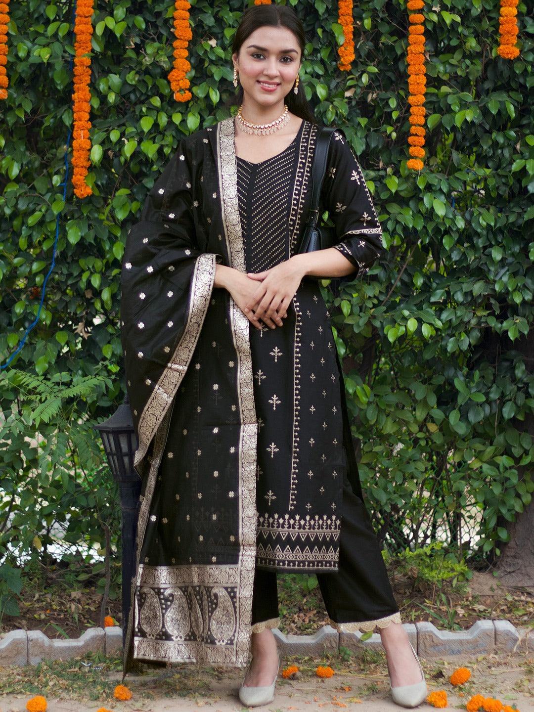 Black Printed Silk Blend Straight Suit Set - ShopLibas