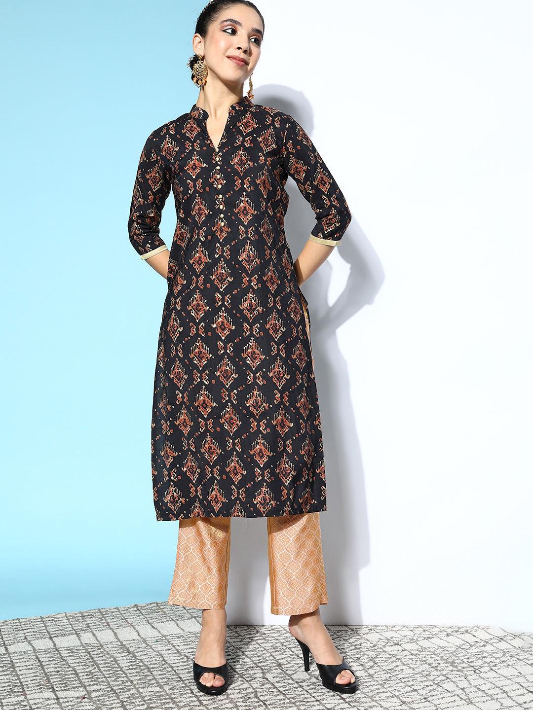 Black Printed Silk Straight Kurta - ShopLibas
