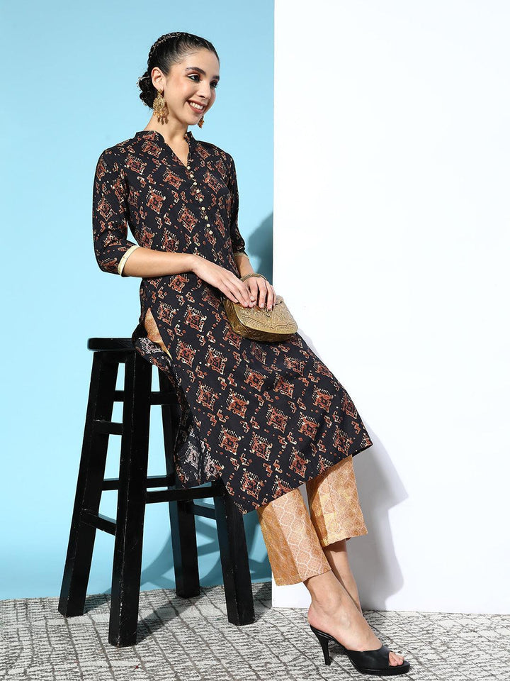 Black Printed Silk Straight Kurta - ShopLibas