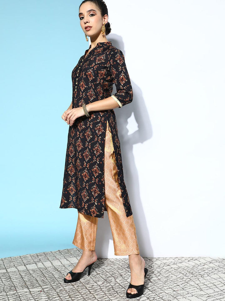 Black Printed Silk Straight Kurta - ShopLibas