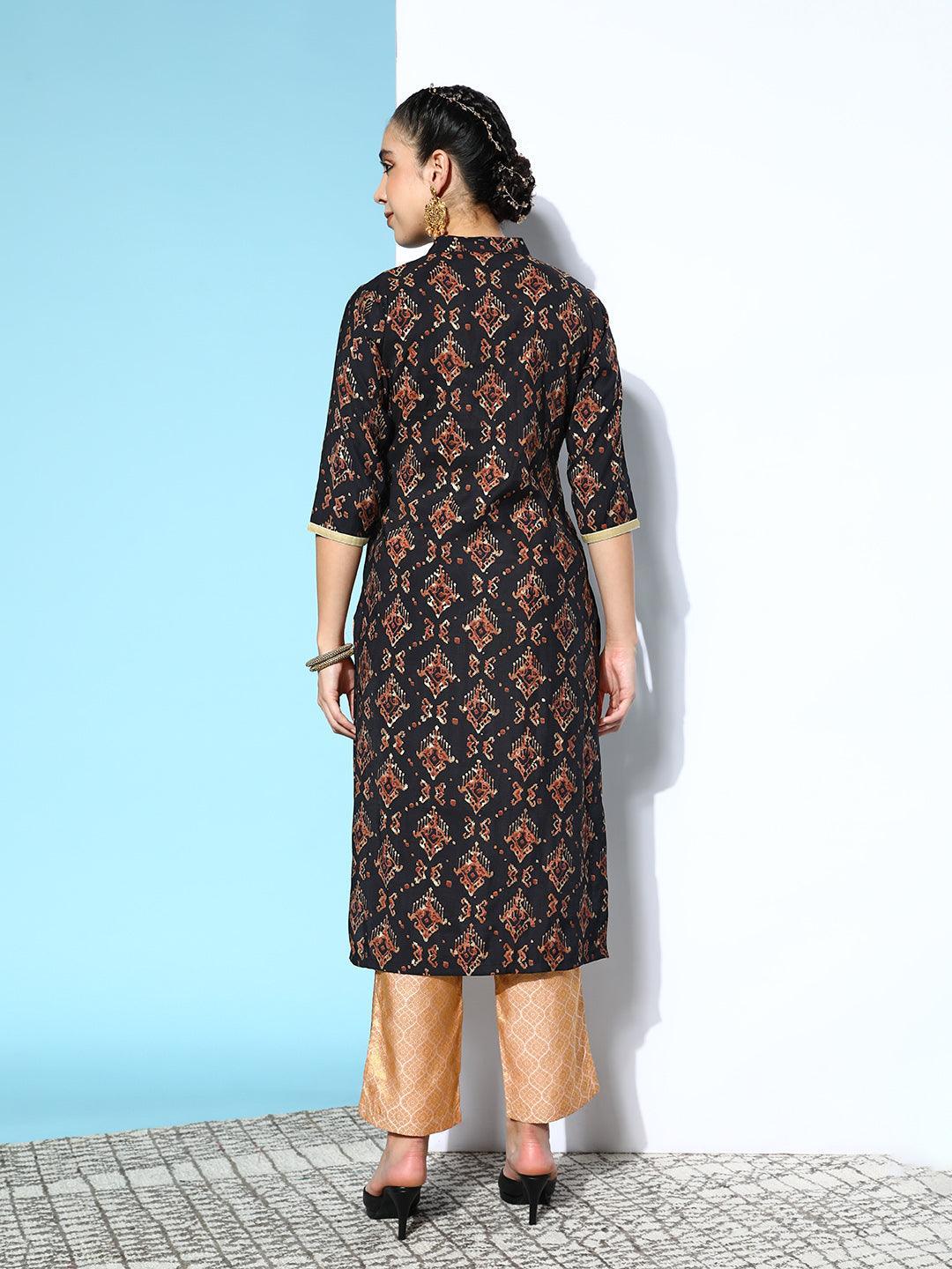 Black Printed Silk Straight Kurta - ShopLibas