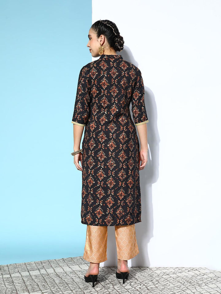 Black Printed Silk Straight Kurta - ShopLibas