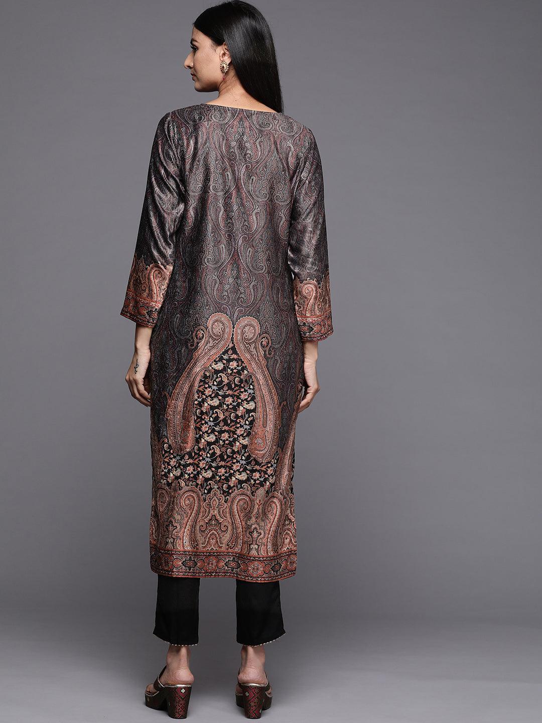 Black Printed Velvet Straight Kurta - Libas