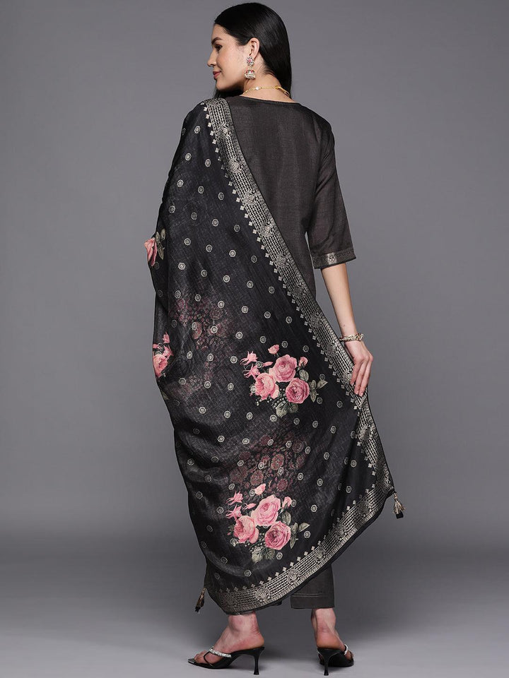 Black Self Design Silk Suit Set With Trousers