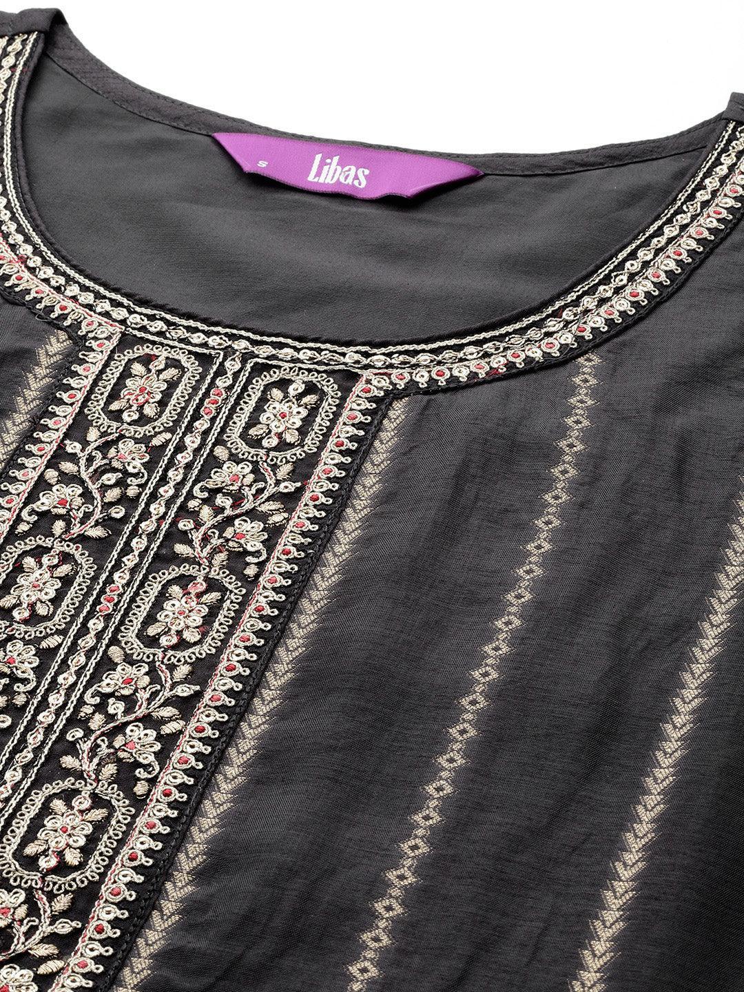 Black Self Design Silk Suit Set With Trousers - ShopLibas 