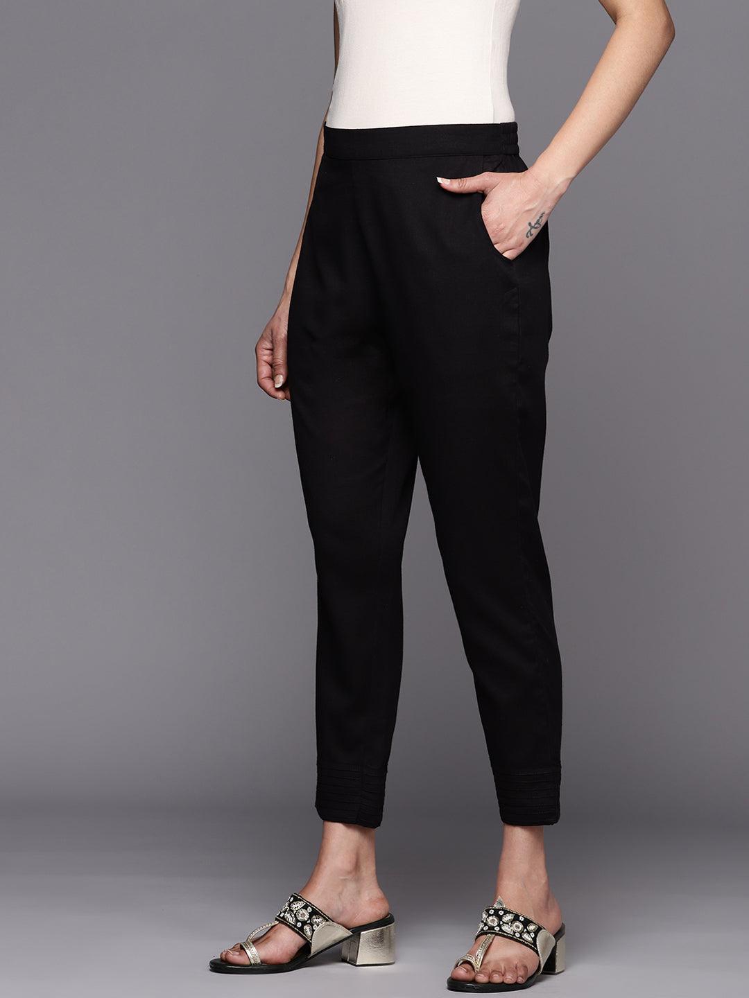 Black Solid Cotton Trousers - ShopLibas 