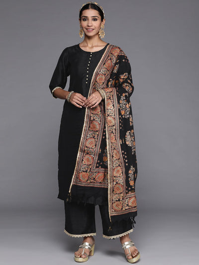 Black Solid Silk Blend Straight Suit Set With Palazzos - Libas