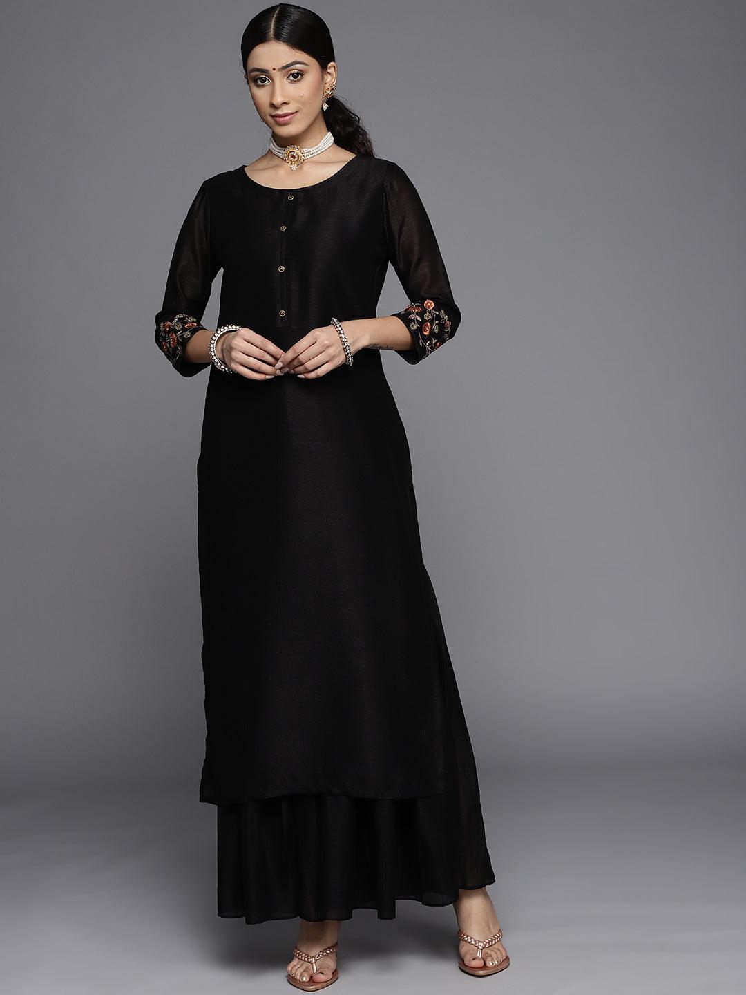 Black Solid Silk Kurta - ShopLibas