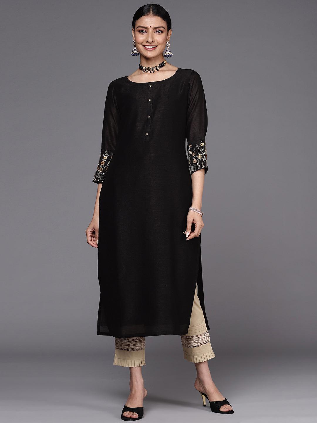 Black Solid Silk Straight Kurta - ShopLibas