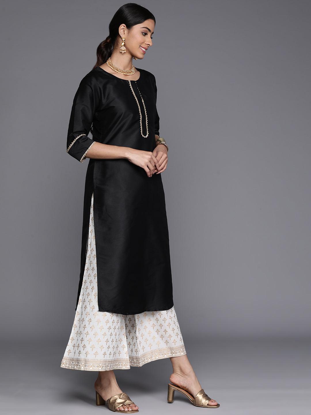 Black Solid Silk Straight Kurta - ShopLibas 