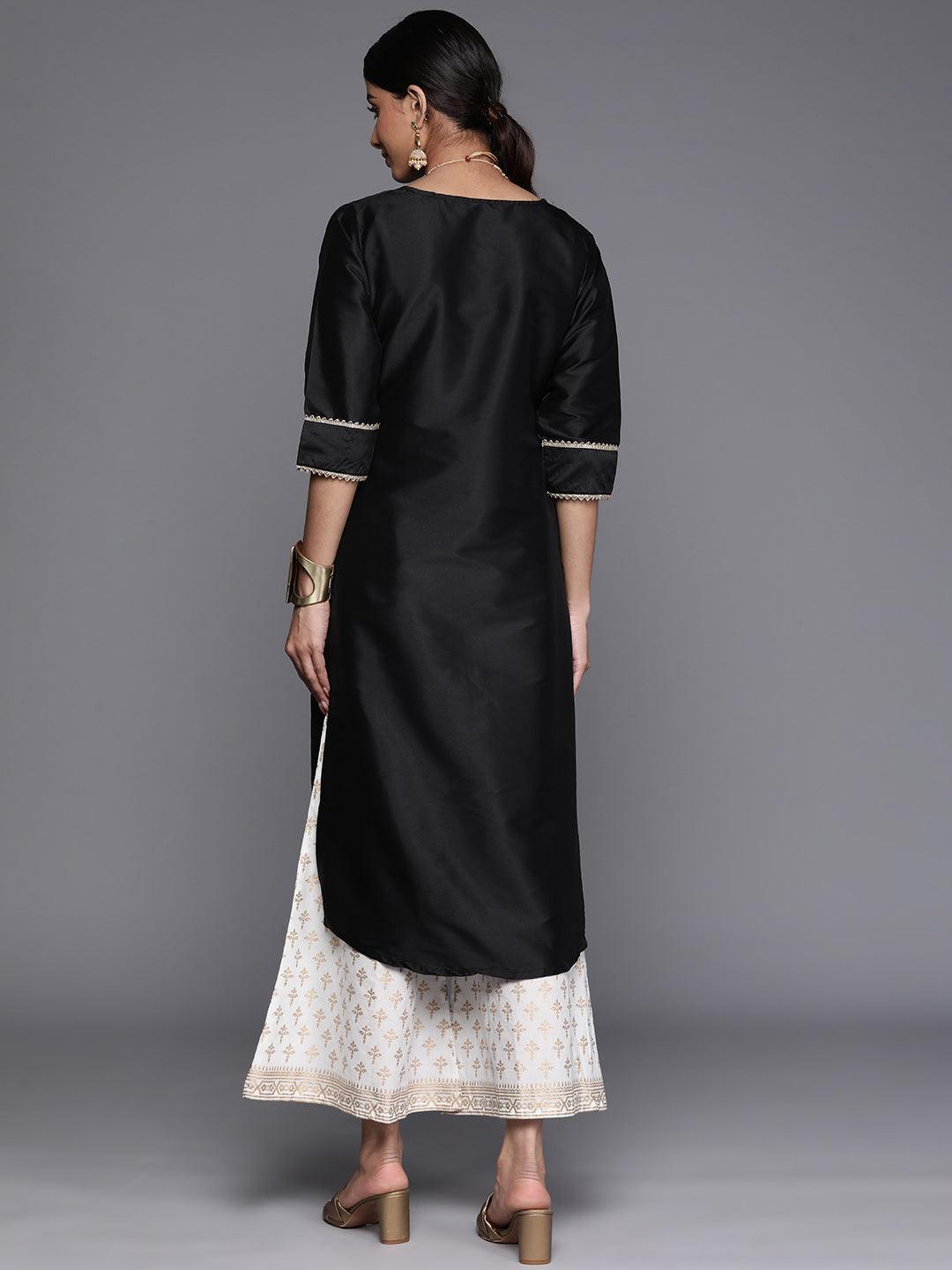 Black Solid Silk Straight Kurta - ShopLibas 