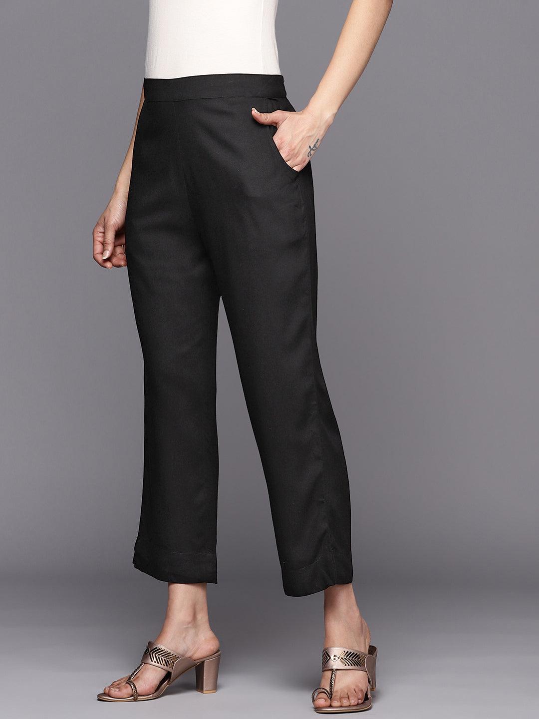 Black Solid Viscose Rayon Trousers - ShopLibas 