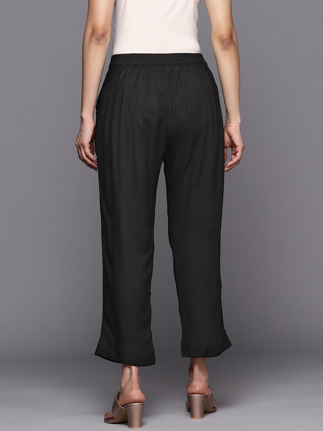Black Solid Viscose Rayon Trousers - ShopLibas 