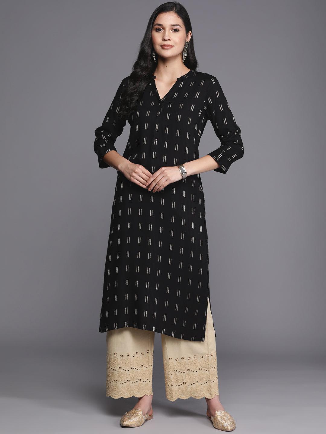 Black Woven Design Rayon Straight Kurta - ShopLibas
