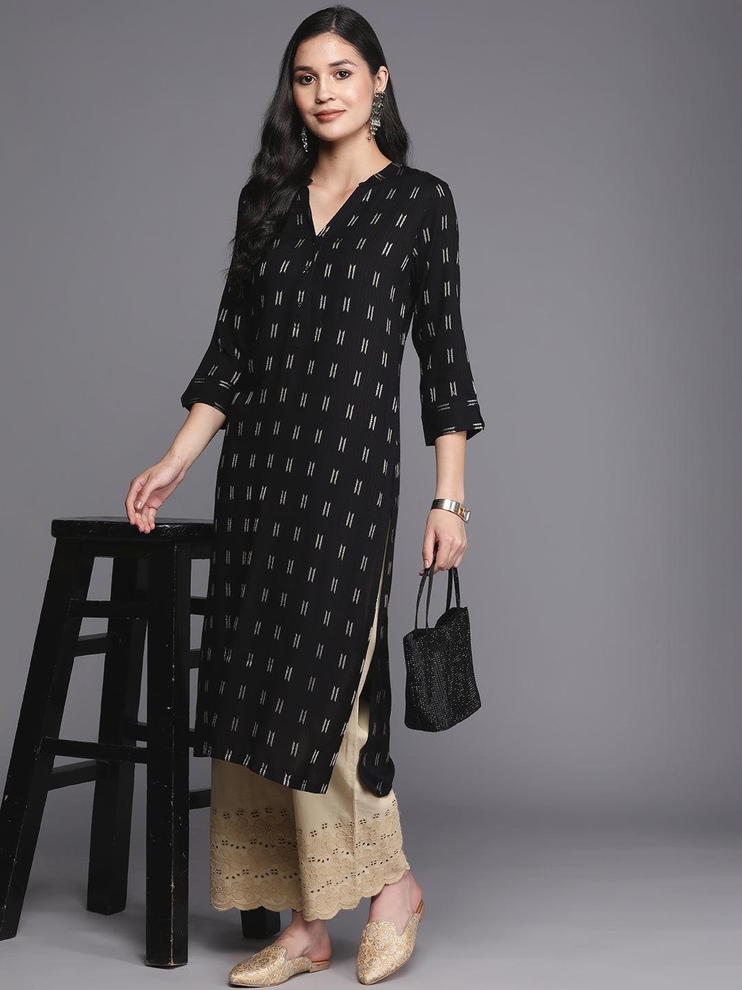 Black Woven Design Rayon Straight Kurta - ShopLibas 