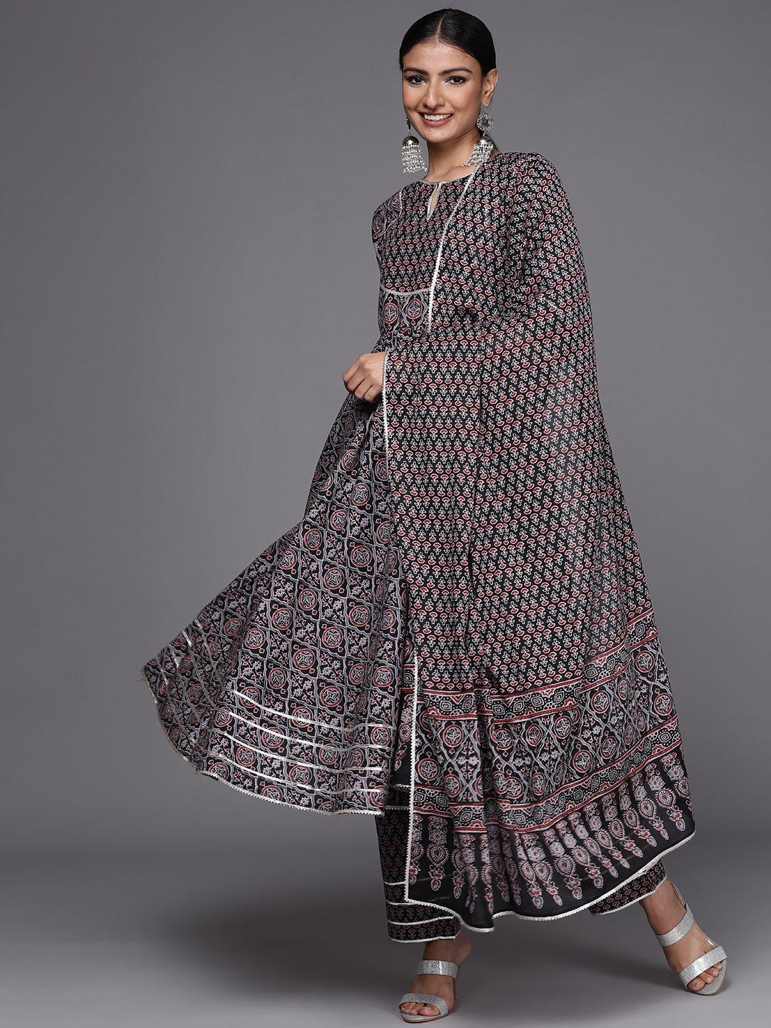 Black Yoke Design Cotton Anarkali Suit Set - ShopLibas