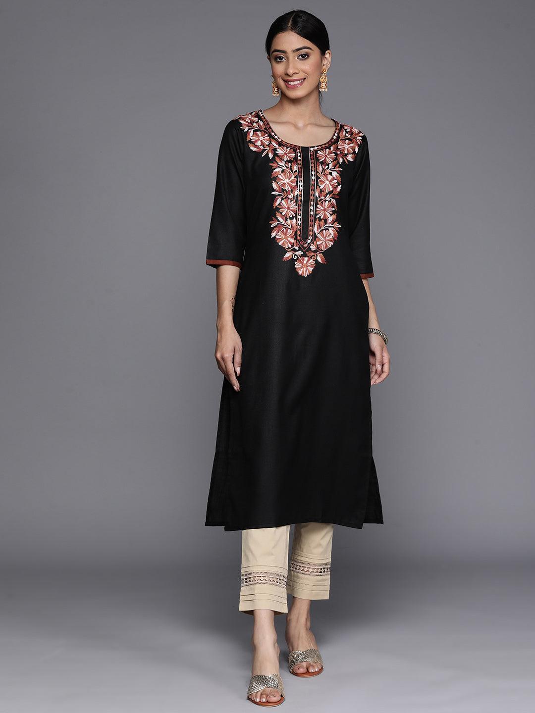 Black Yoke Design Cotton Straight Kurta - ShopLibas