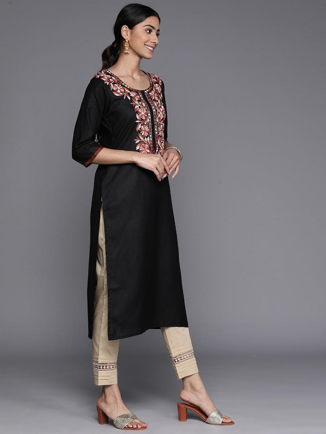 Black Yoke Design Cotton Straight Kurta - ShopLibas 