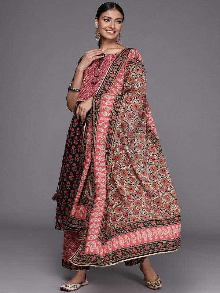 Black Yoke Design Cotton Straight Suit Set - ShopLibas