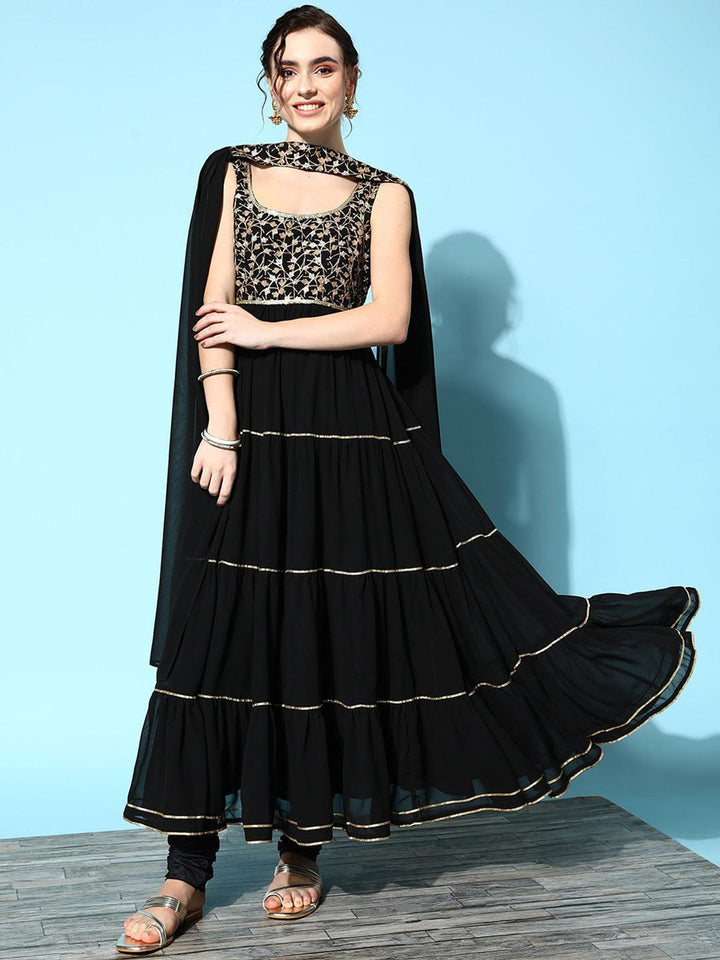 Black Yoke Design Georgette Anarkali Churidar Suit Set - Libas