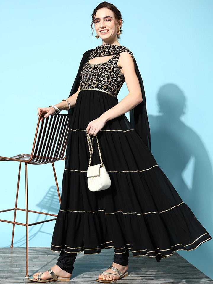 Black Yoke Design Georgette Anarkali Churidar Suit Set - Libas