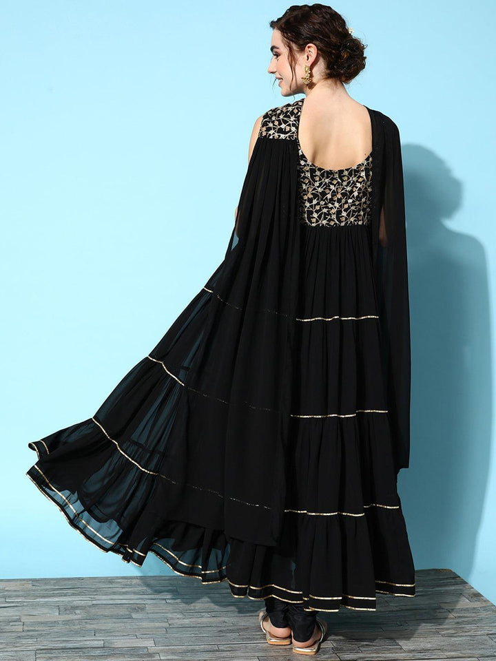 Black Yoke Design Georgette Anarkali Churidar Suit Set - Libas