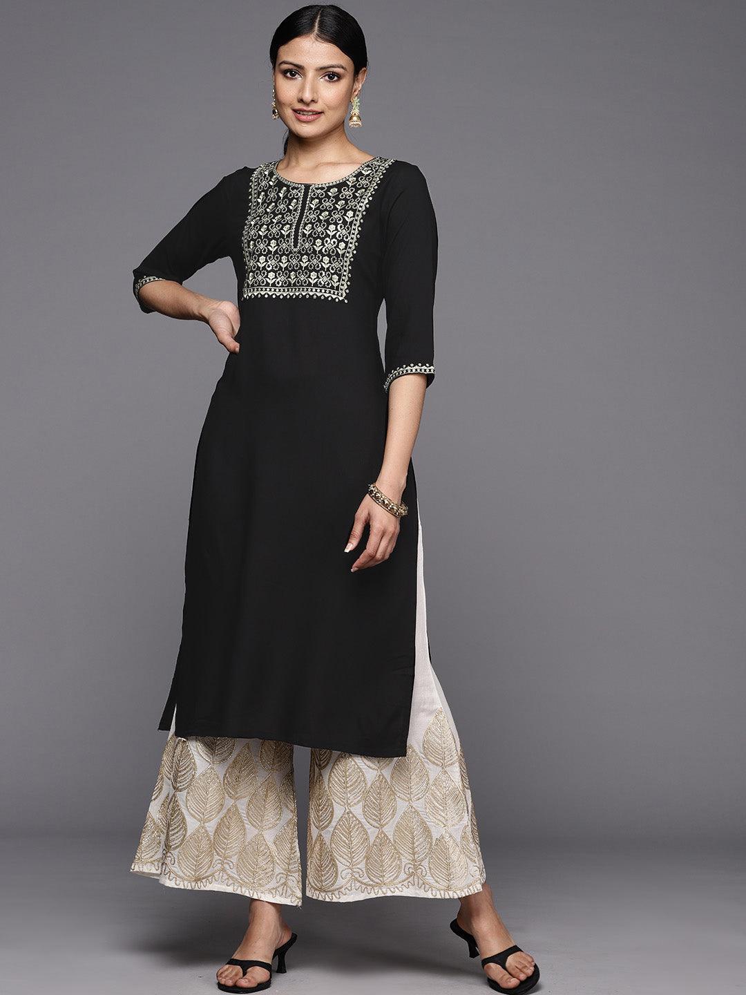 Black Printed Rayon Straight Kurta - ShopLibas