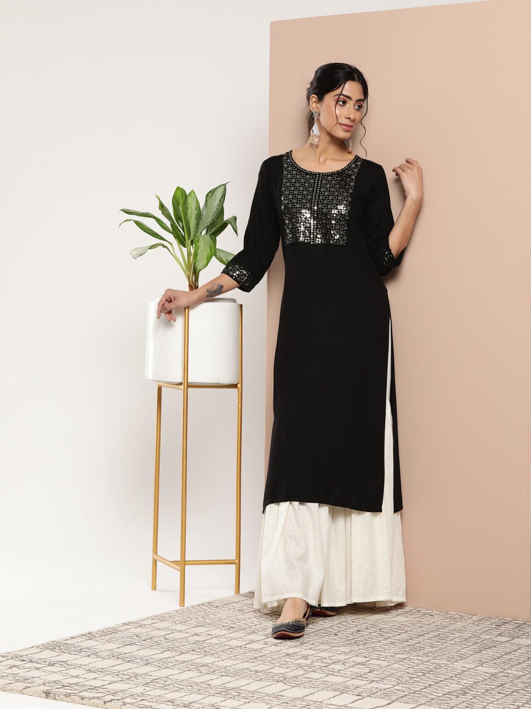 Black Yoke Design Rayon Straight Kurta - ShopLibas
