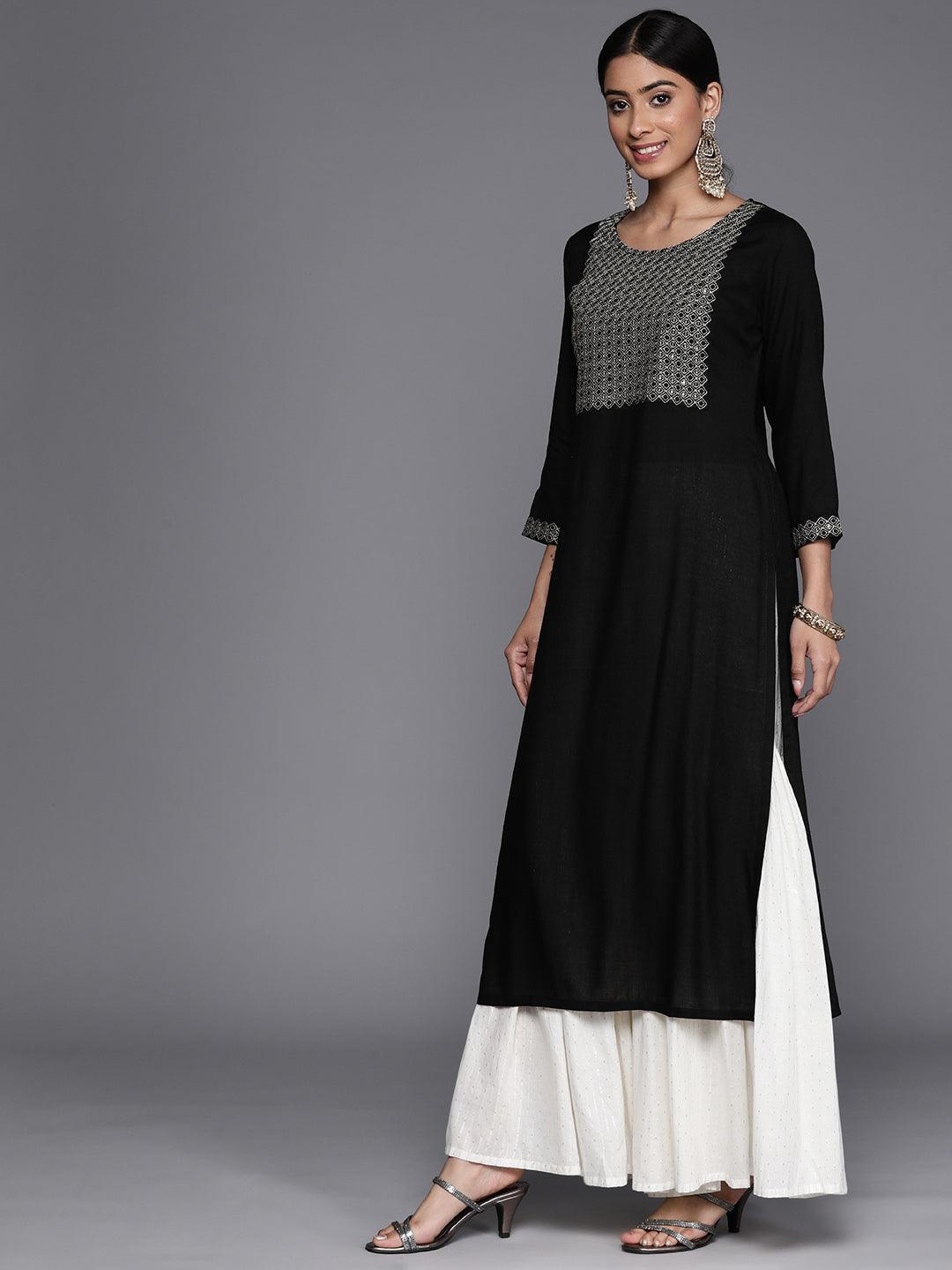 Black Yoke Design Rayon Straight Kurta - Libas