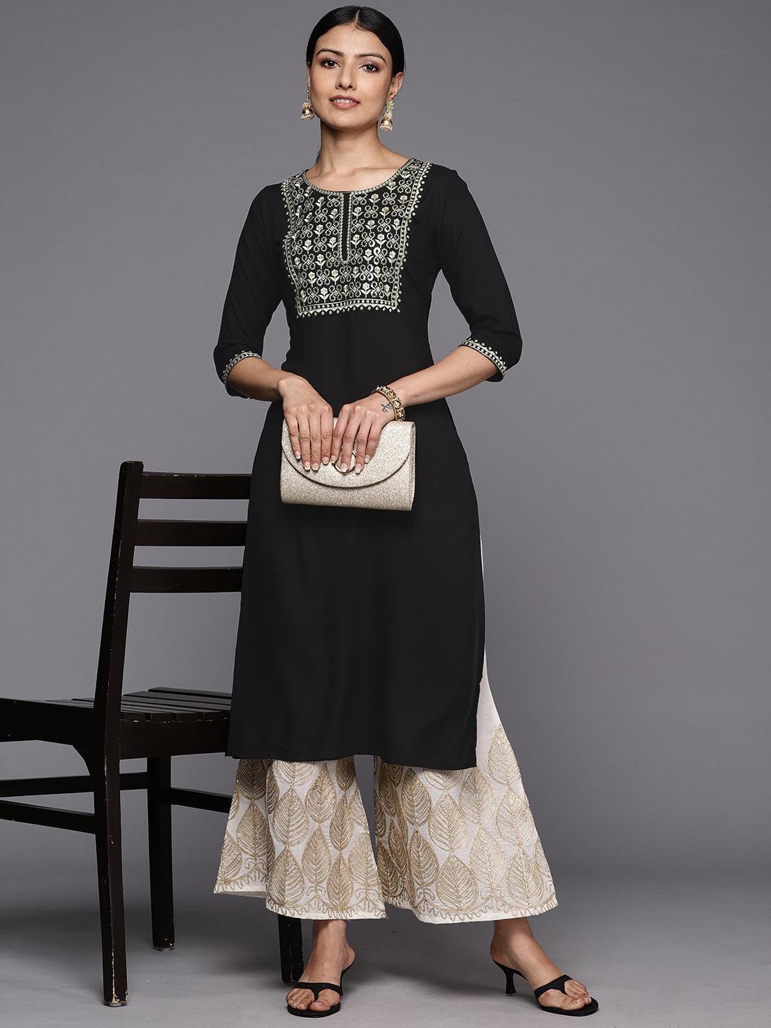 Black Printed Rayon Straight Kurta - ShopLibas 