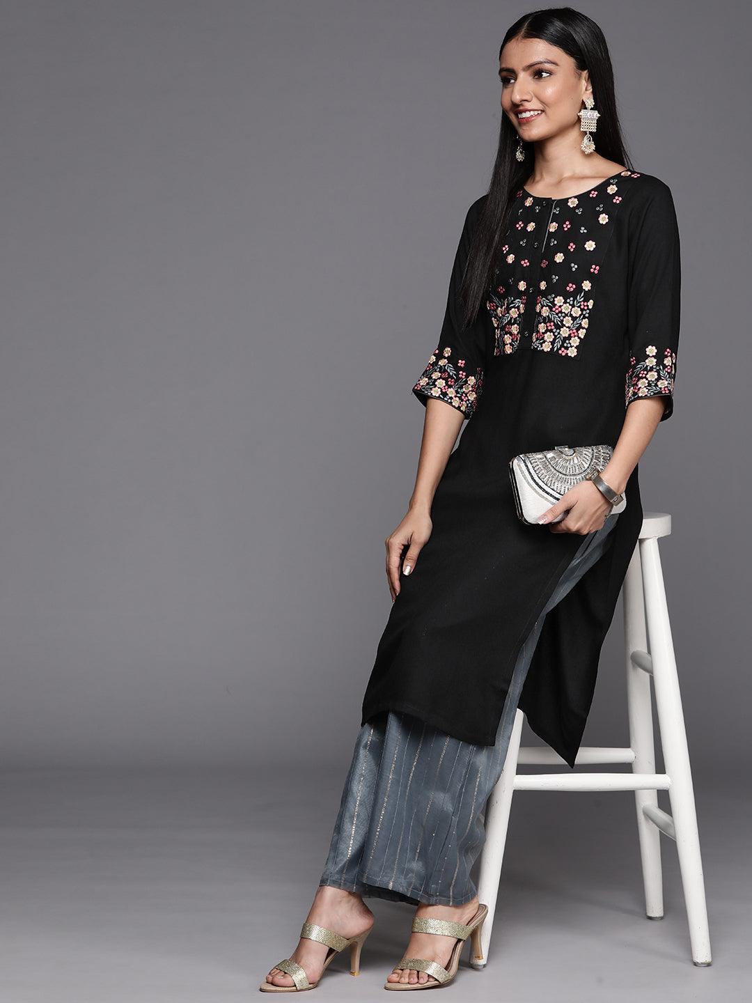 Black Yoke Design Rayon Straight Kurta - ShopLibas 