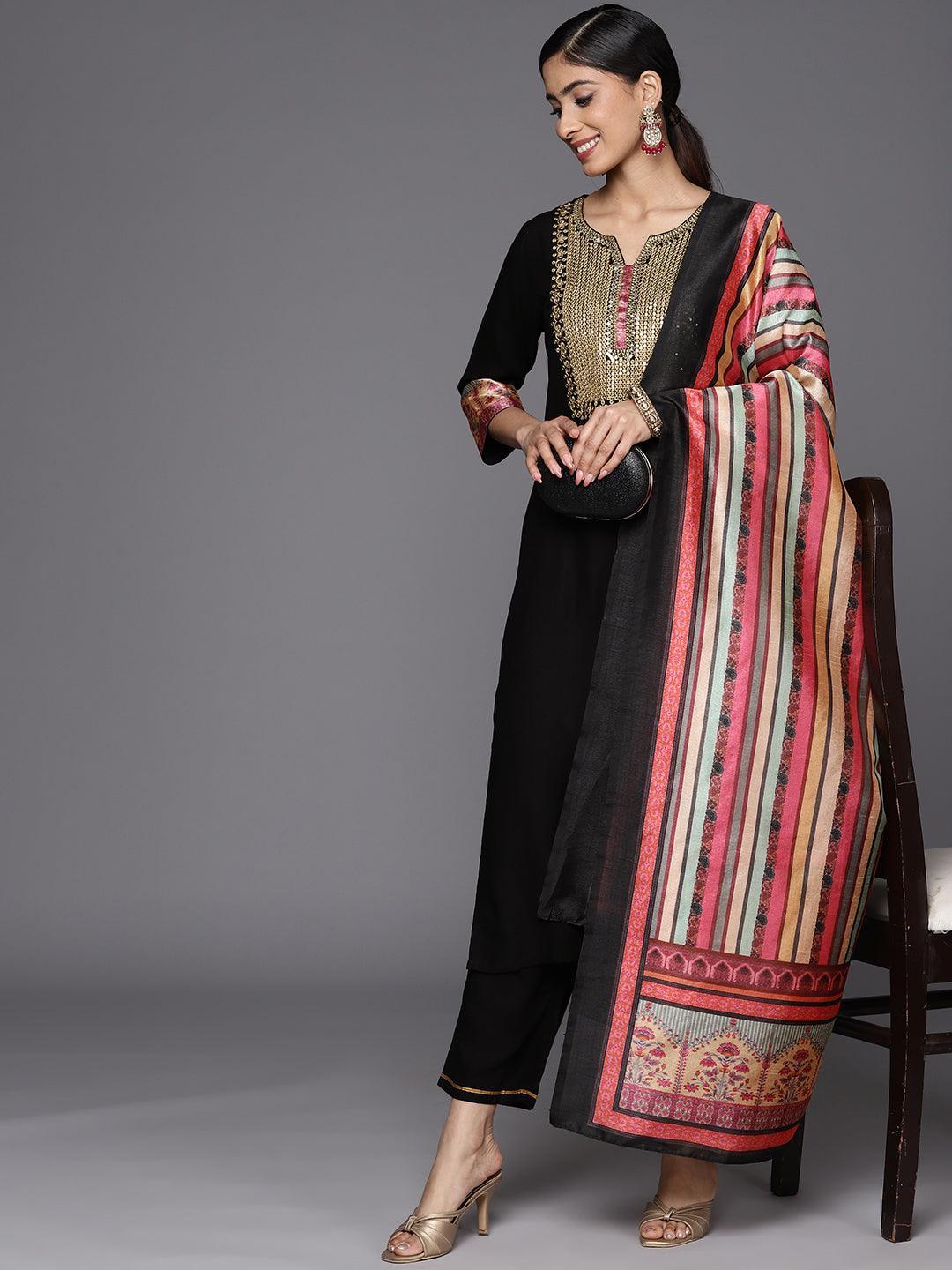 Black Yoke Design Rayon Straight Suit Set With Trousers - ShopLibas 