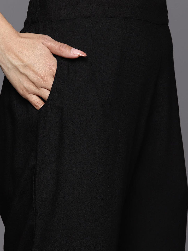 Black Yoke Design Rayon Straight Suit Set With Trousers