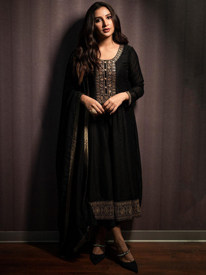 Black Yoke Design Silk Blend Anarkali Suit Set - ShopLibas