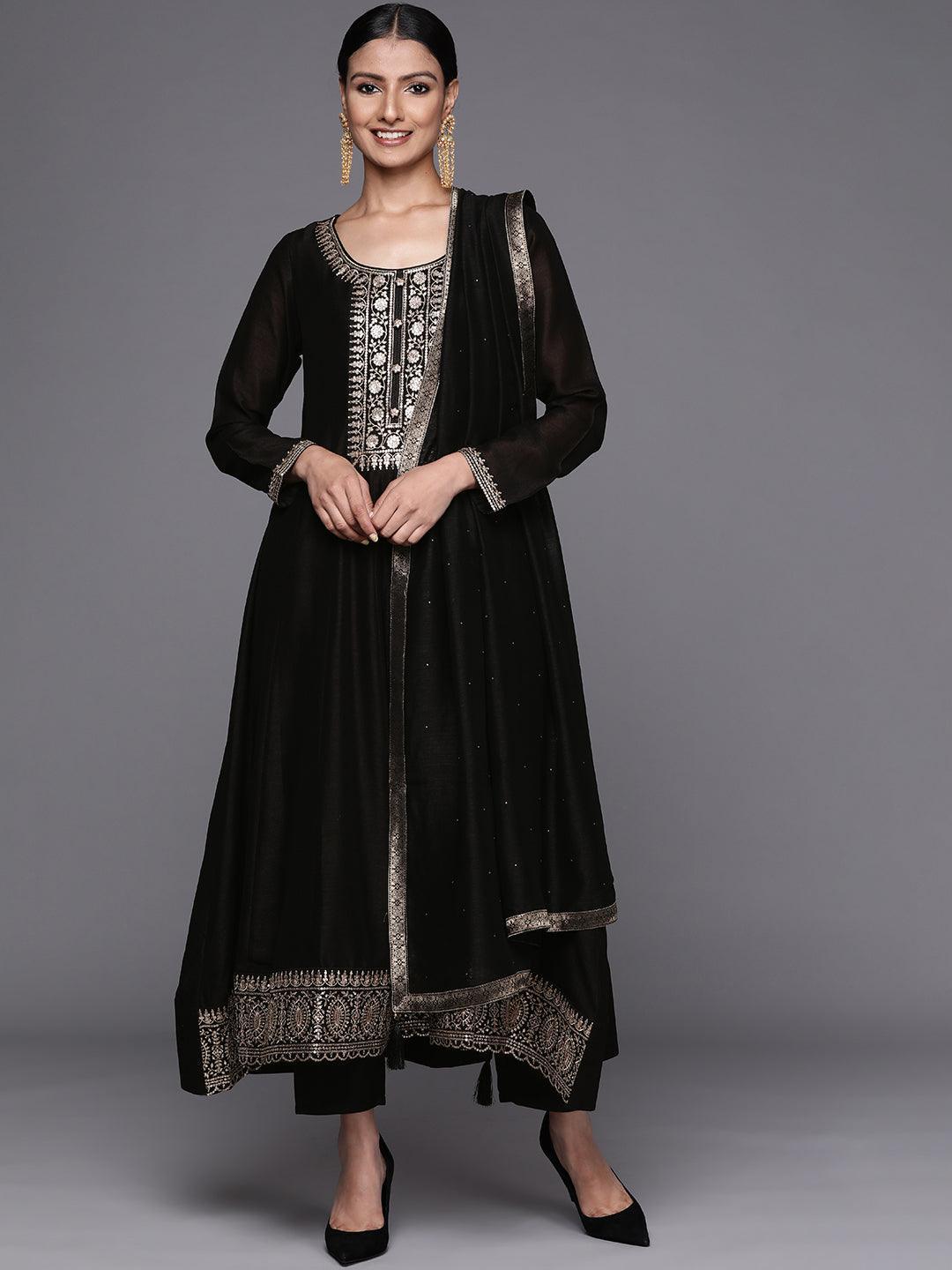 Black Yoke Design Silk Blend Anarkali Suit Set - ShopLibas