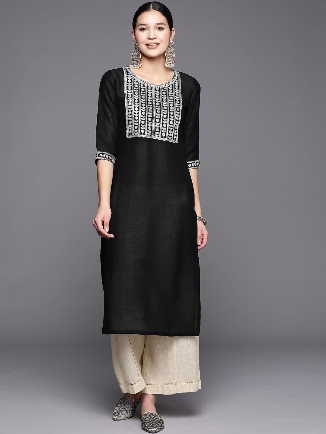 Black Yoke Design Silk Straight Kurta - ShopLibas